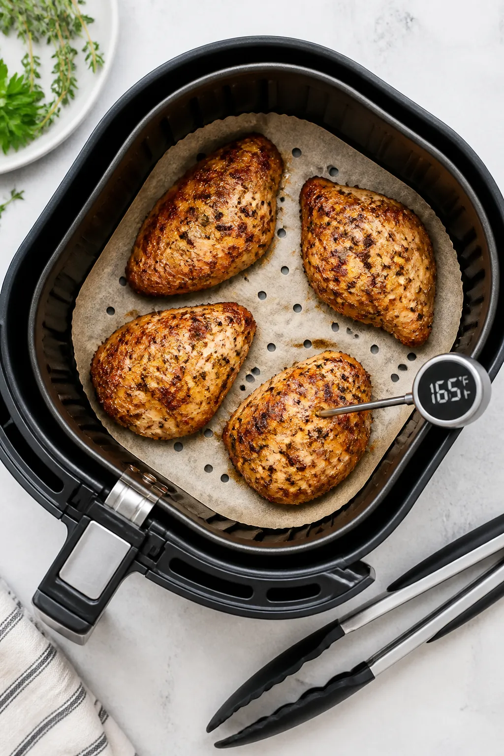 Cooking process: Overhead shot of cooked chicken cutlets arranged in a single layer in an air fryer