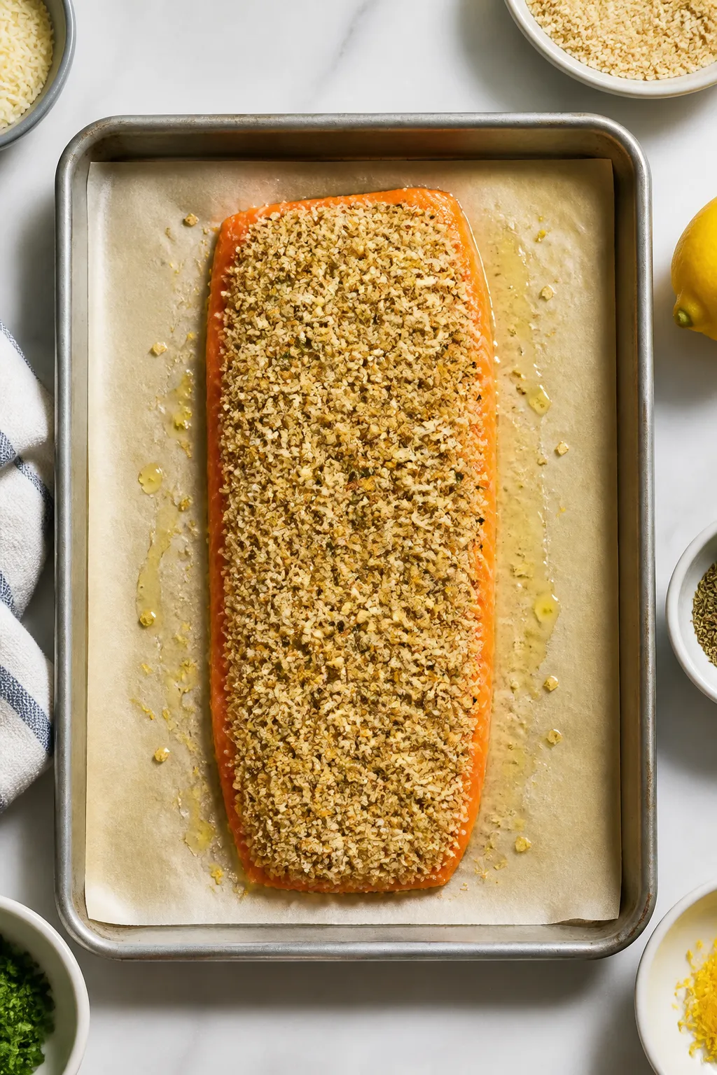 Cooking process: Overhead shot of salmon fillet on a parchment-lined sheet pan at the moment the cru
