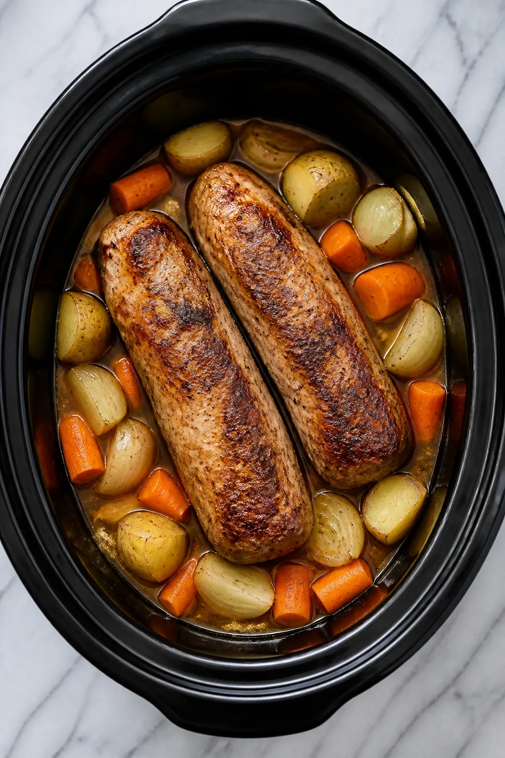 Cooking process: Overhead shot of seared pork tenderloins resting atop chunky carrots, halved baby p