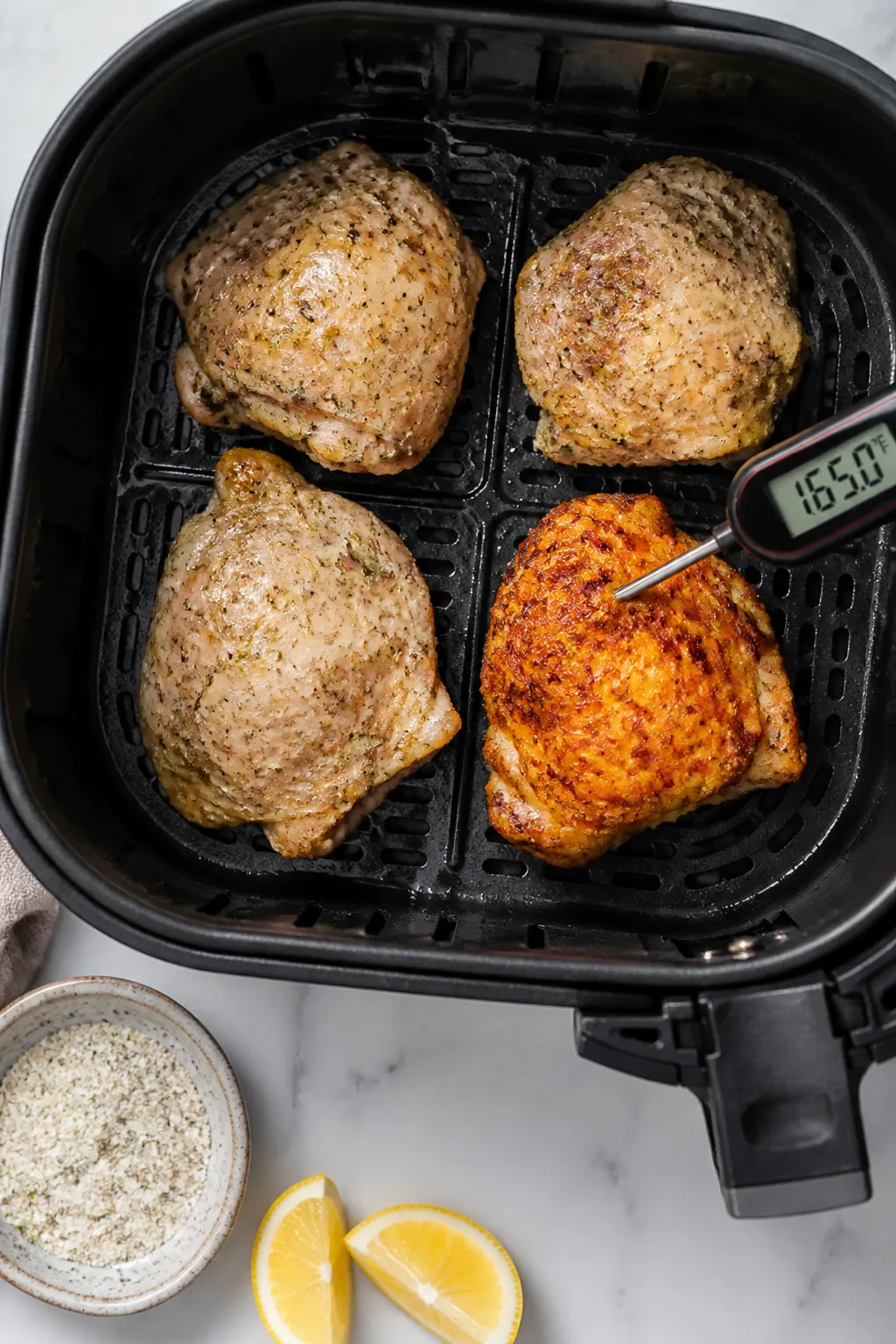 Cooking process: Overhead shot of seasoned chicken thighs arranged skin-side down in an air fryer ba