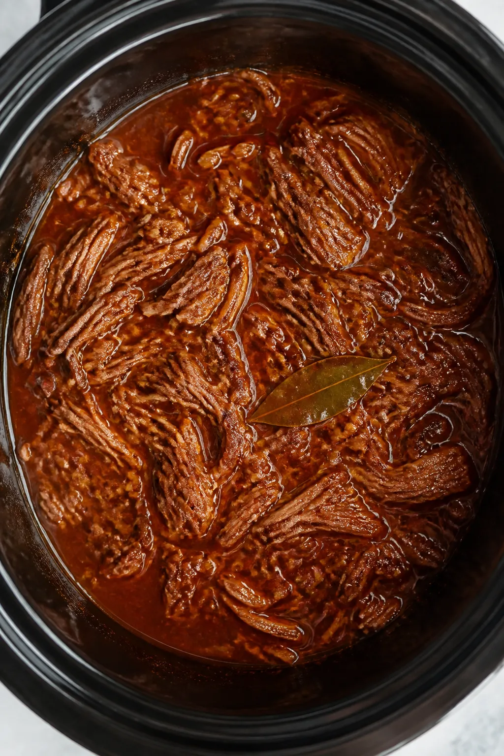 Cooking process: Overhead shot of shredded beef returned to the slow cooker to reduce, lid off on Hi
