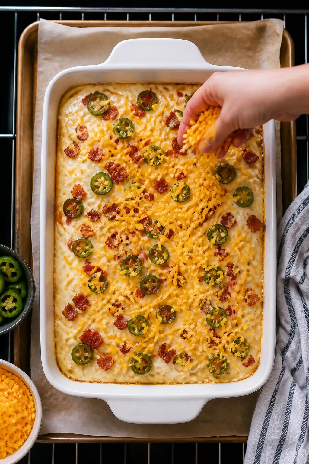 Cooking process: Overhead shot of the casserole mid-bake after foil removal—cheddar being sprinkle
