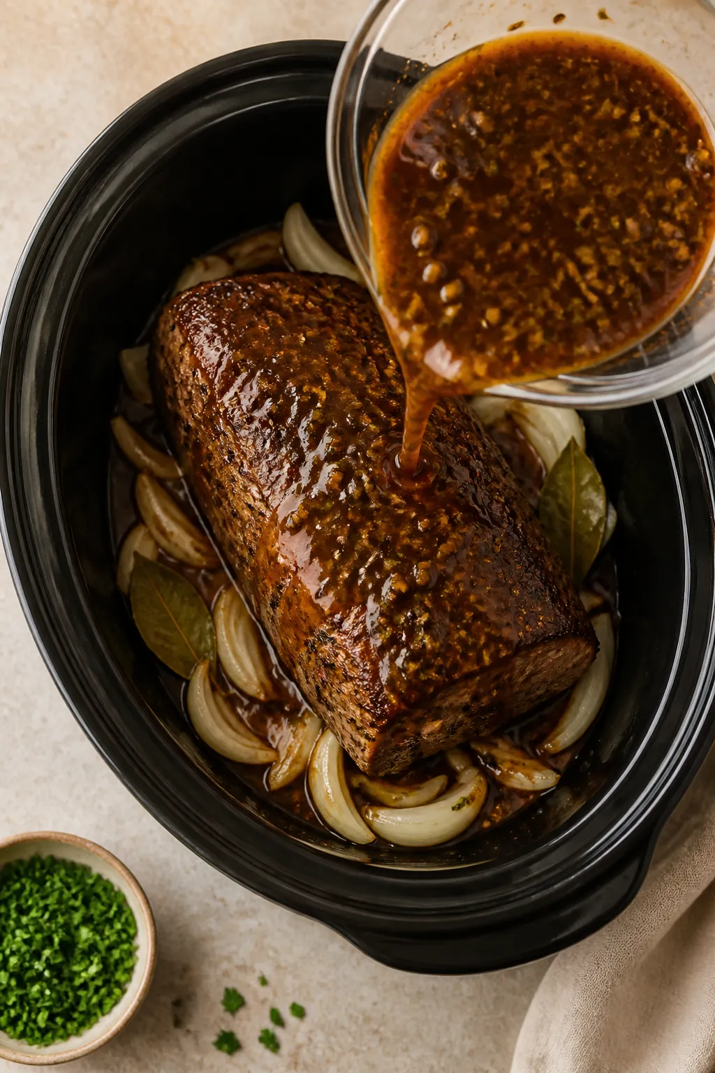 Cooking process: Overhead shot of the seared pork roast being returned to the slow cooker and bathed