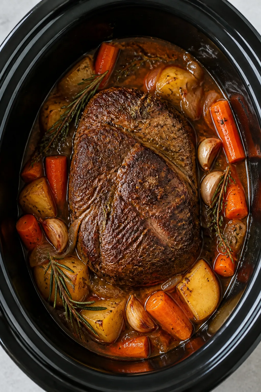 Cooking process: Overhead shot of the seared pot roast nestled atop braised vegetables inside a slow