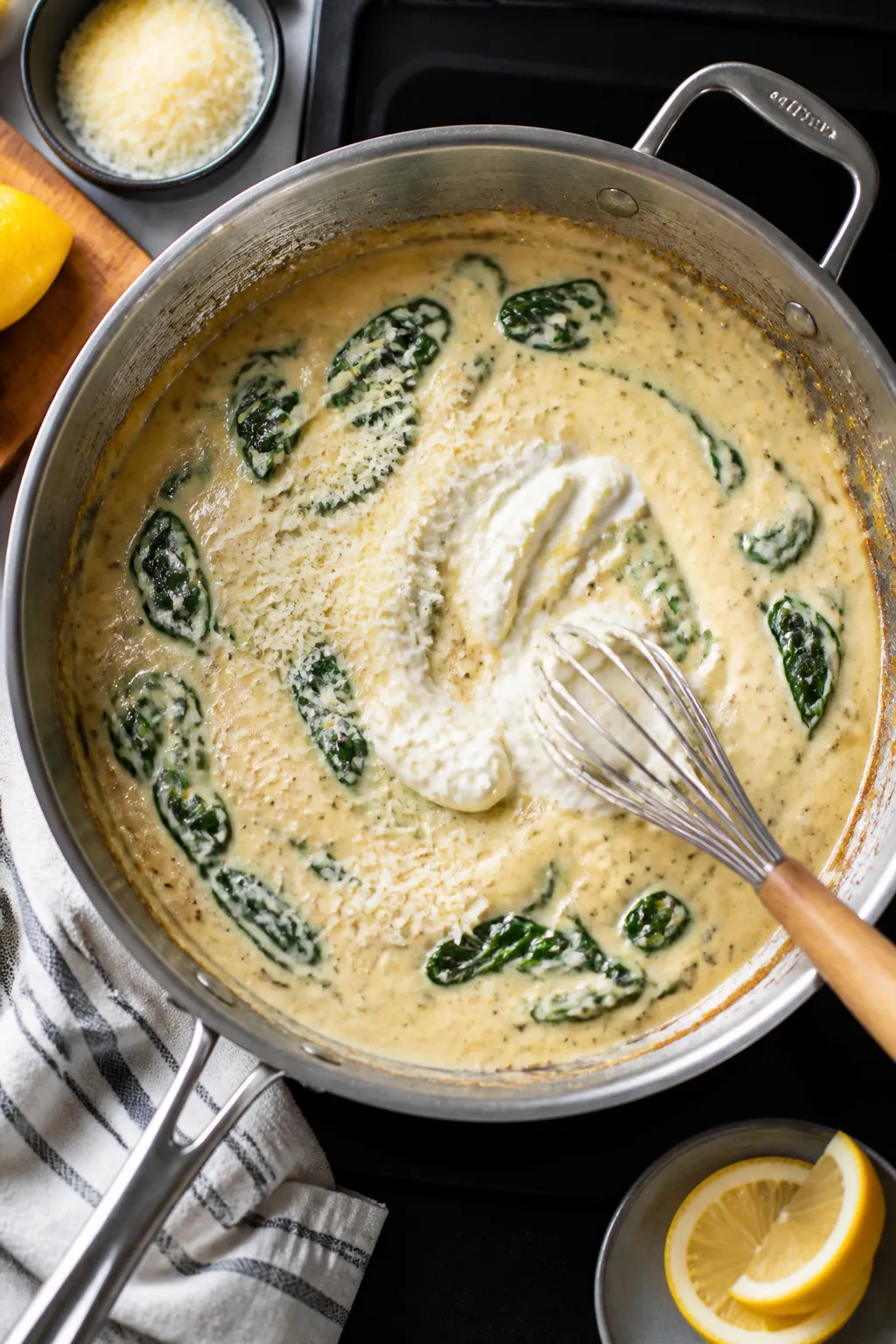 Cooking process: Overhead shot of the skillet stage where the milk-cornstarch mixture has just thick
