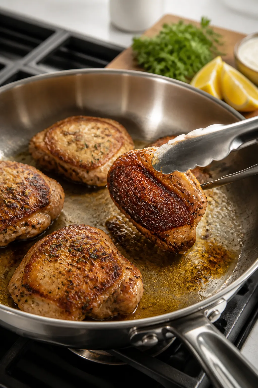 Cooking process: Pan-seared ranch chicken thighs in a large stainless steel skillet over medium-high