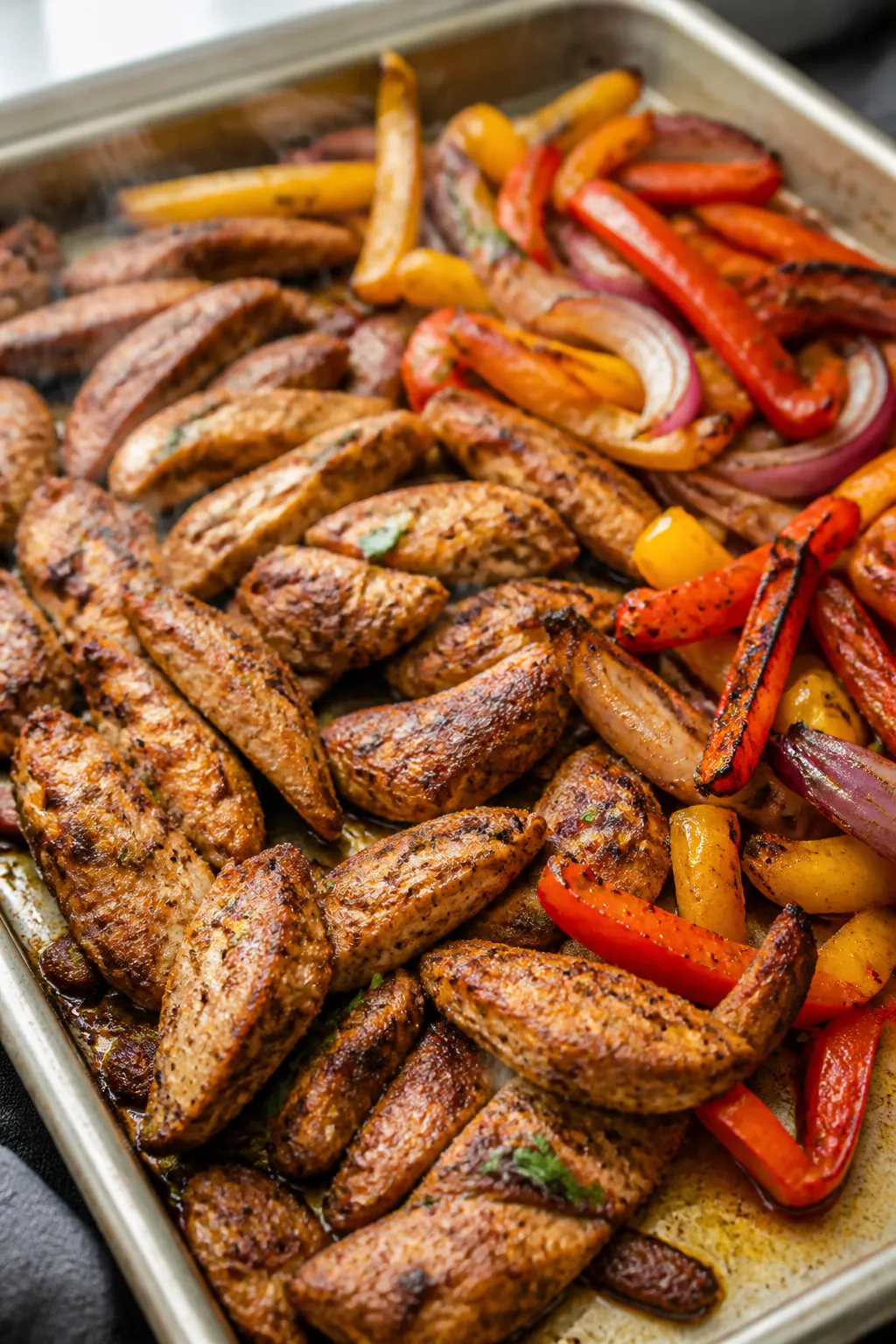 Cooking process — Roasted chicken taco strips and veggies: Sheet pan in oven just pulled out at 42
