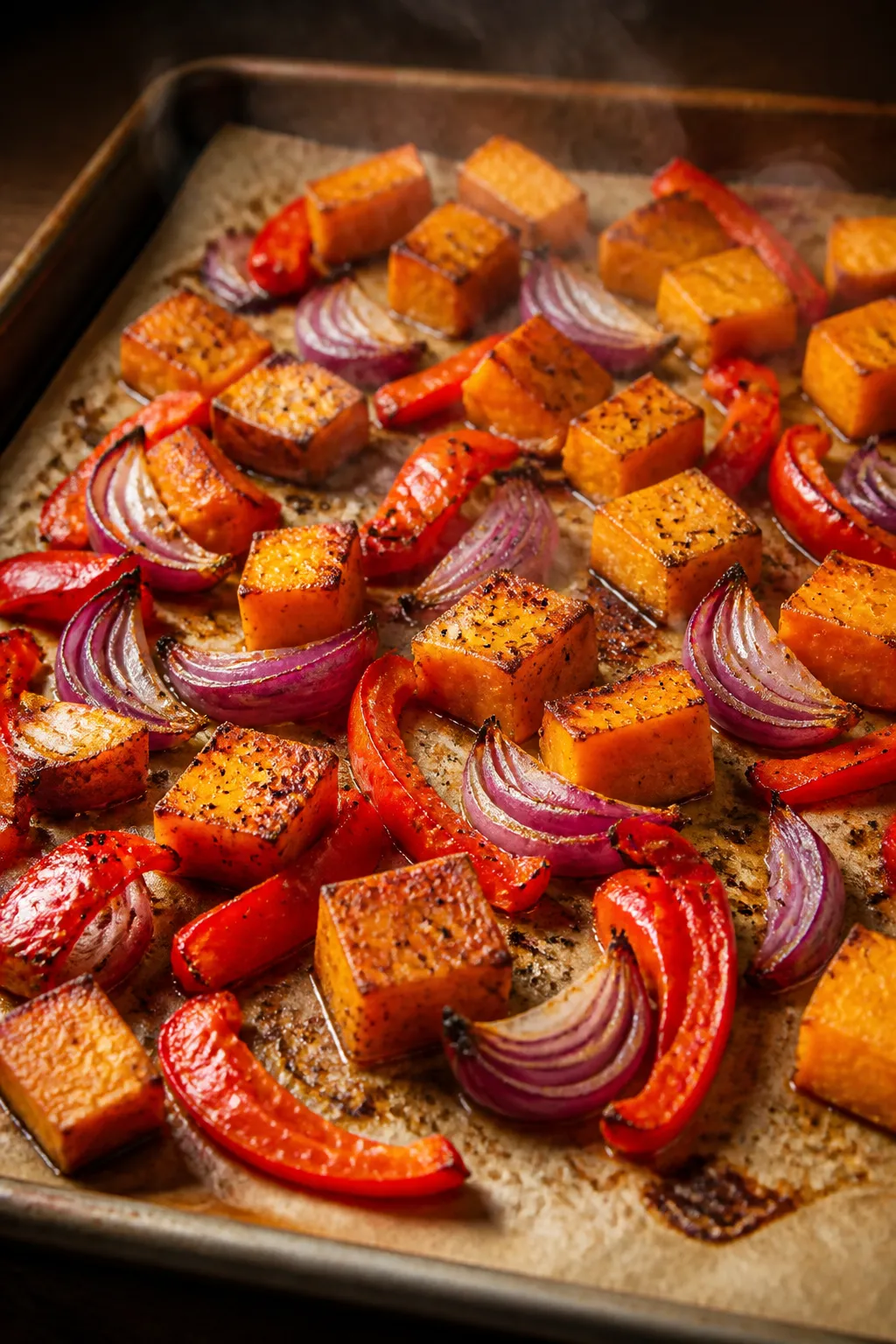 Cooking process: Roasted sweet potato cubes with caramelized edges on a parchment-lined sheet pan at