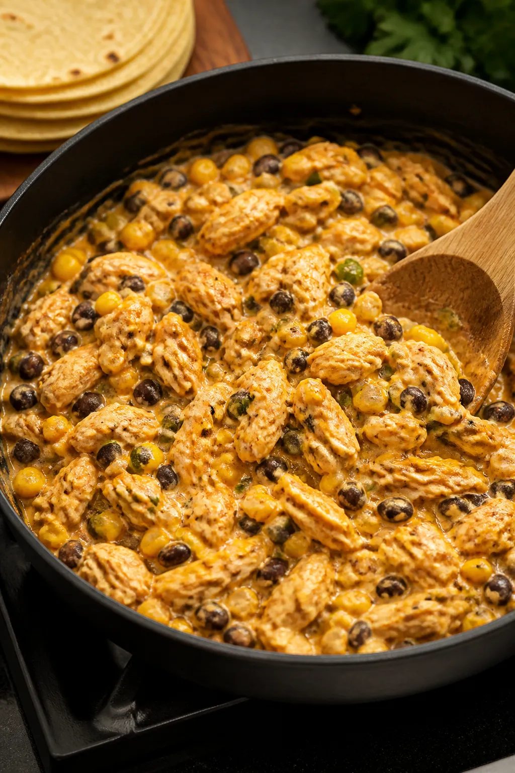 Cooking process: Sauté scene in a large skillet showing the cooked chicken, black beans, and corn m