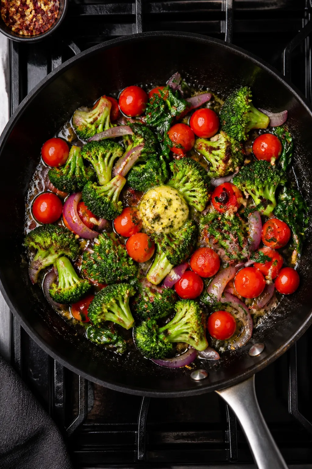 Cooking process: Sautéed vegetables in the same skillet—broccoli florets and red onion turning cr
