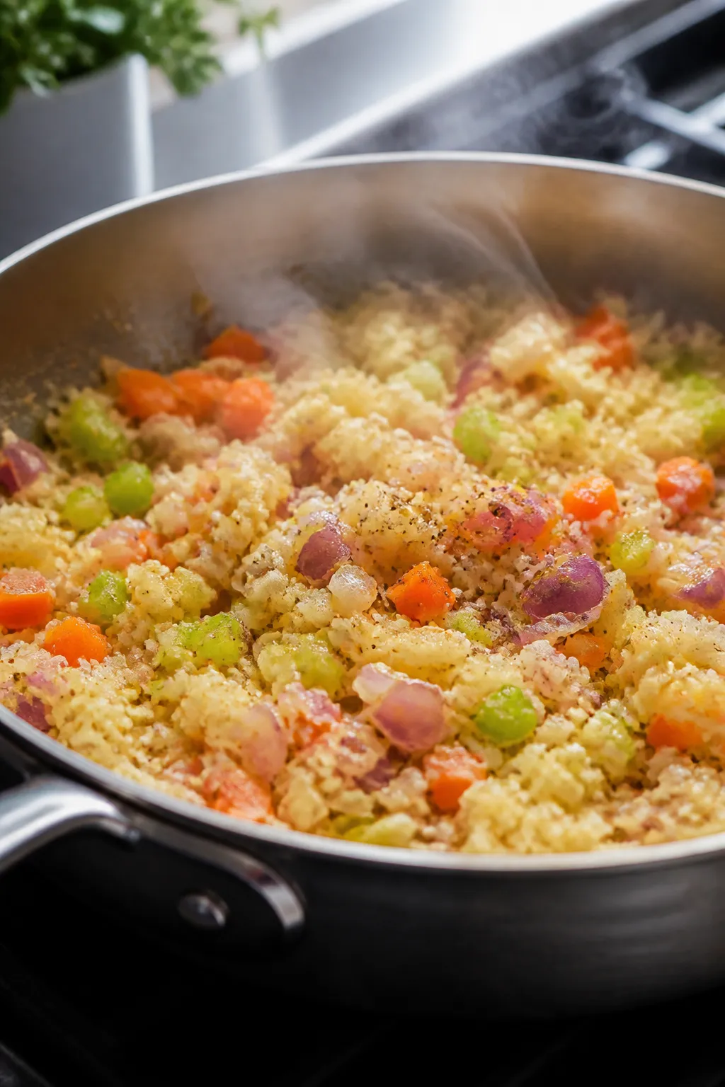 Cooking process: Sautéed veggie base for Healthy Buffalo Chicken Casserole in a wide skillet, showi