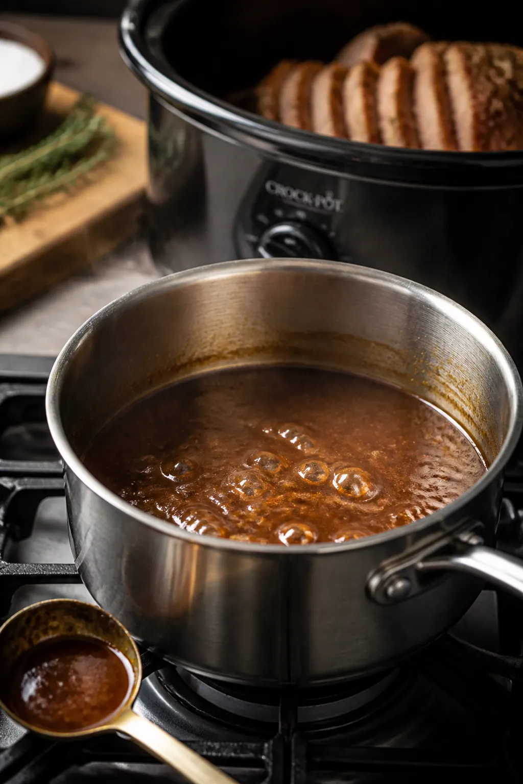 Cooking process scene: saucepan on stovetop with the reduced cooking liquid at a gentle simmer, corn
