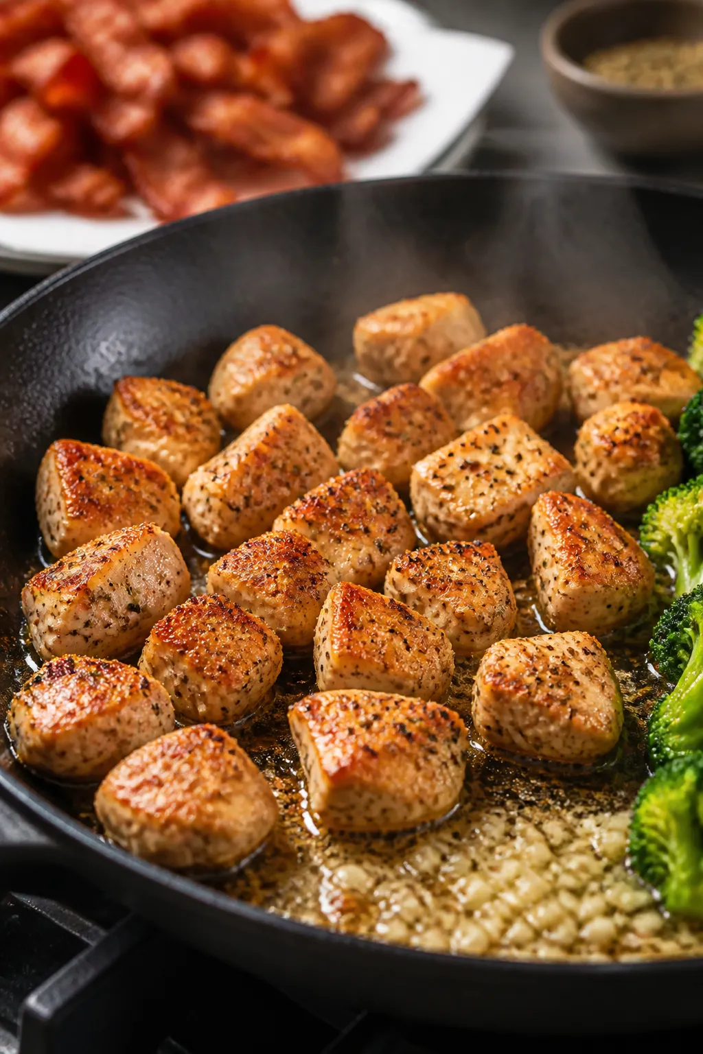 Cooking process — Searing chicken and building flavor: Close-up of golden-browned diced chicken br