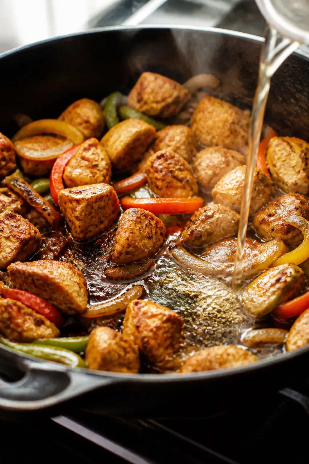 Cooking process — Searing stage: Close-up of bite-size chicken pieces in a wide cast-iron skillet,
