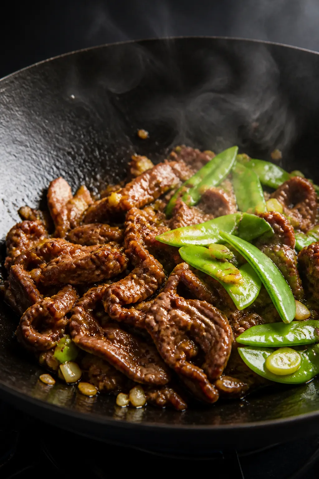Cooking process — Searing the beef: Thin-sliced flank steak, lightly coated in cornstarch, sizzlin