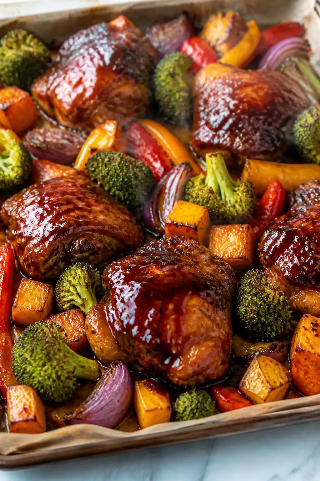 Cooking process: Sheet-pan BBQ chicken and roasted vegetables at the glaze stage—golden-brown chic