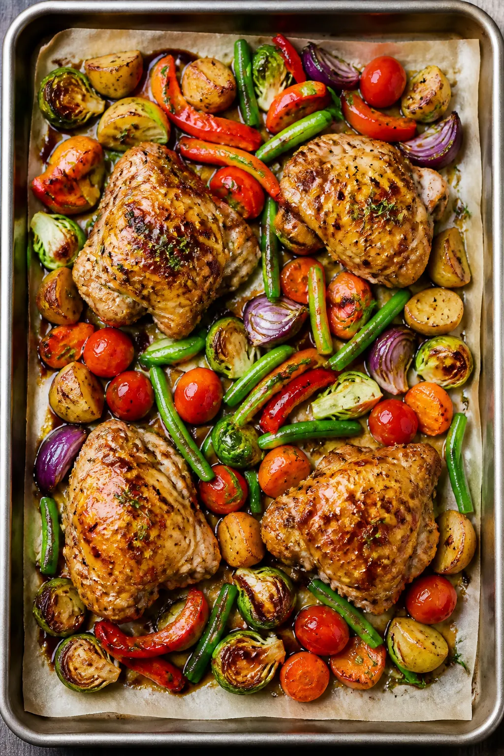 Cooking process, sheet pan in oven: Overhead shot of a half sheet pan mid-roast at 425°F with bone-