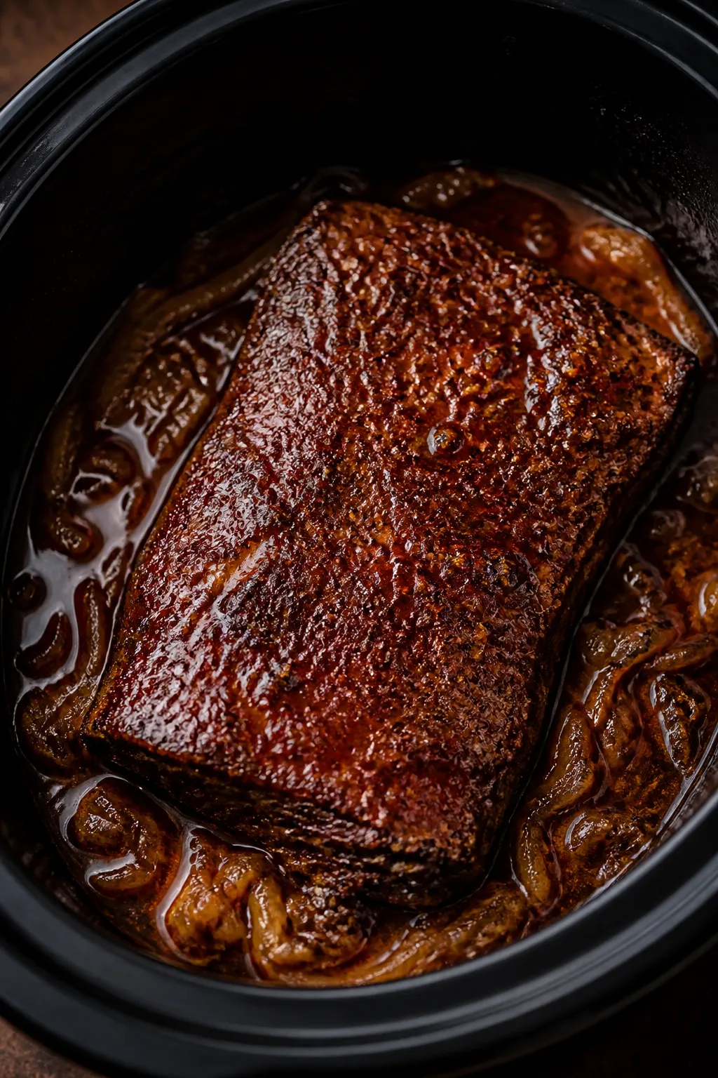 Cooking process shot inside the slow cooker: overhead/three-quarter angle of the brisket nestled ato