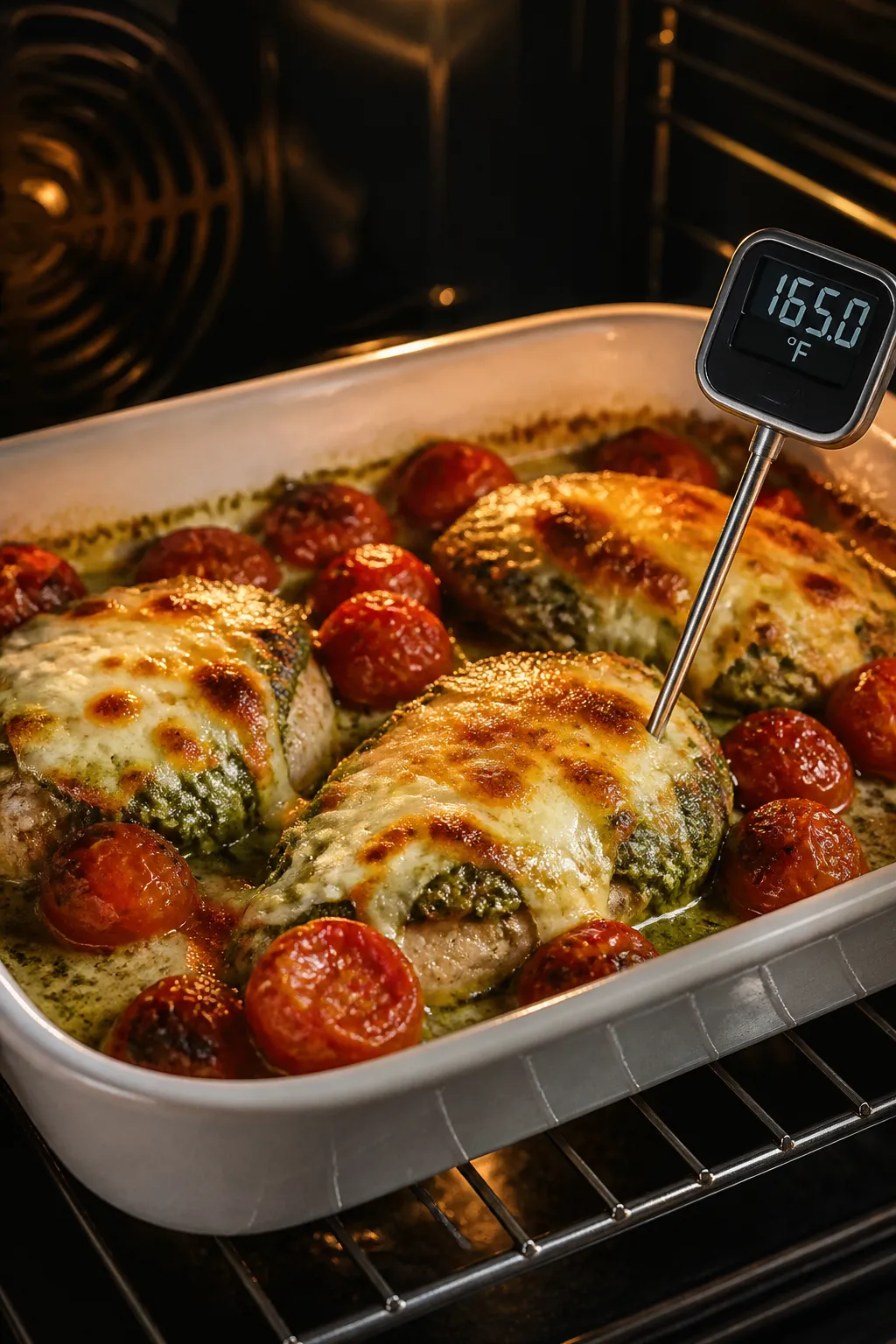 Cooking process shot: mid-bake to broil-finish sequence in the oven—chicken coated in pesto and to