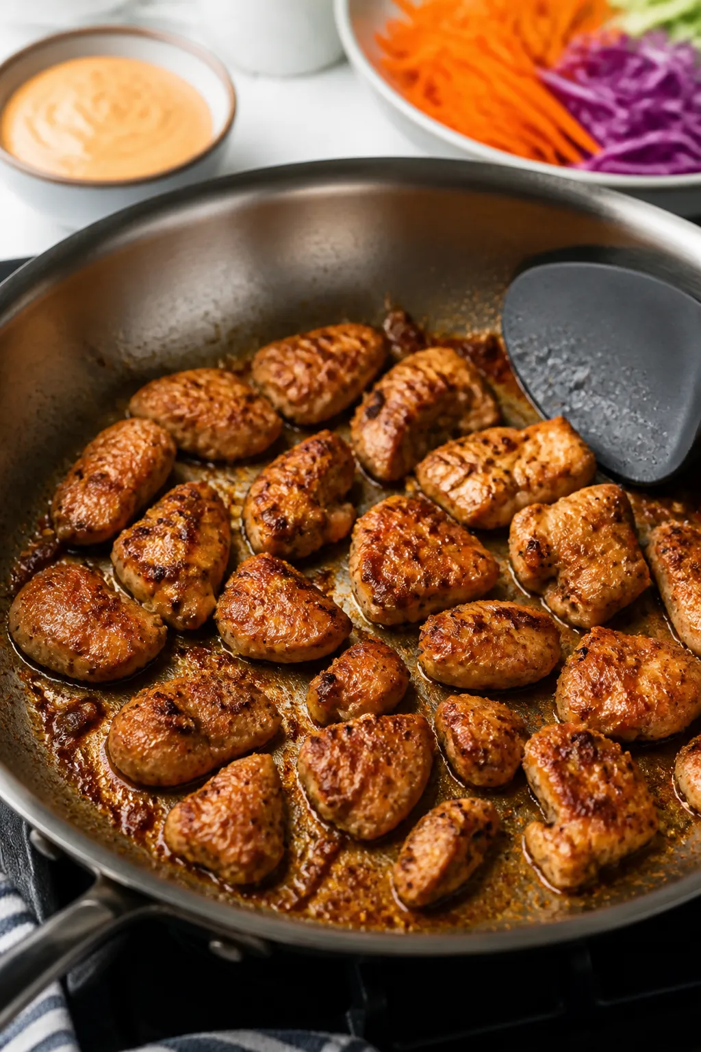 Cooking process shot of marinated chicken sautéing at medium-high heat: chicken pieces spaced in a 