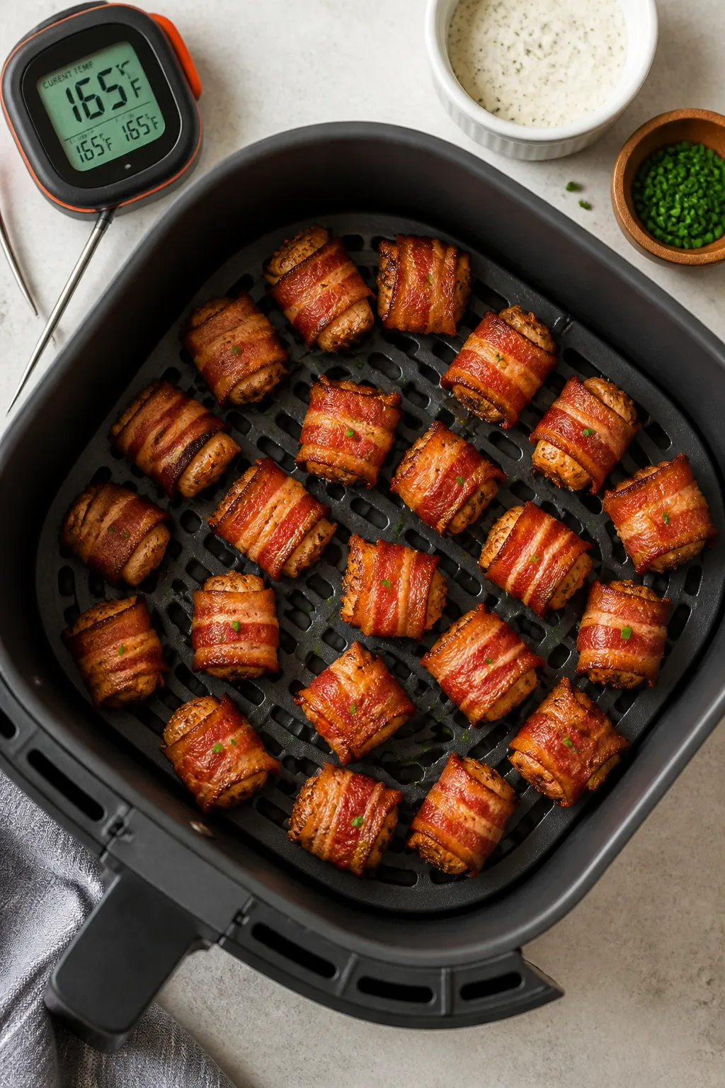 Cooking process shot: Overhead view of an air fryer basket loaded in a single layer with evenly size