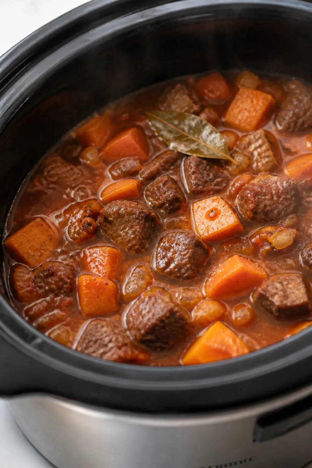 Cooking process shot: Steam-kissed slow cooker interior with the stew at peak doneness—beef cubes