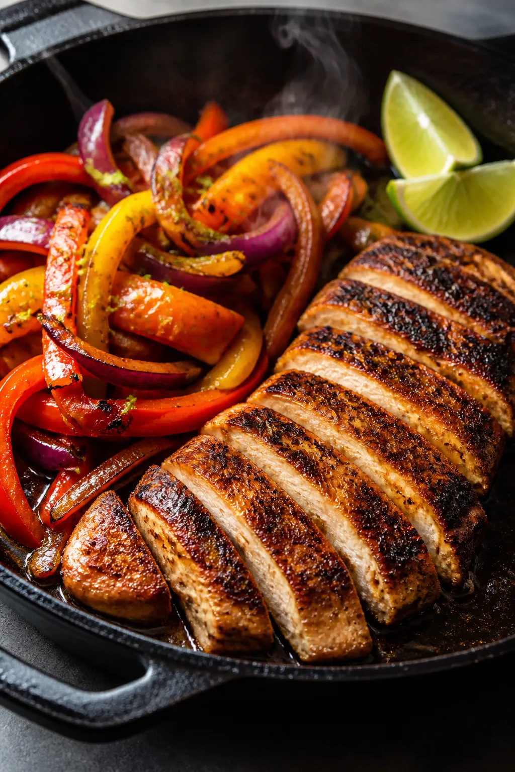 Cooking process: Sizzling chicken fajitas in a ripping-hot cast-iron skillet, thin-sliced chicken br