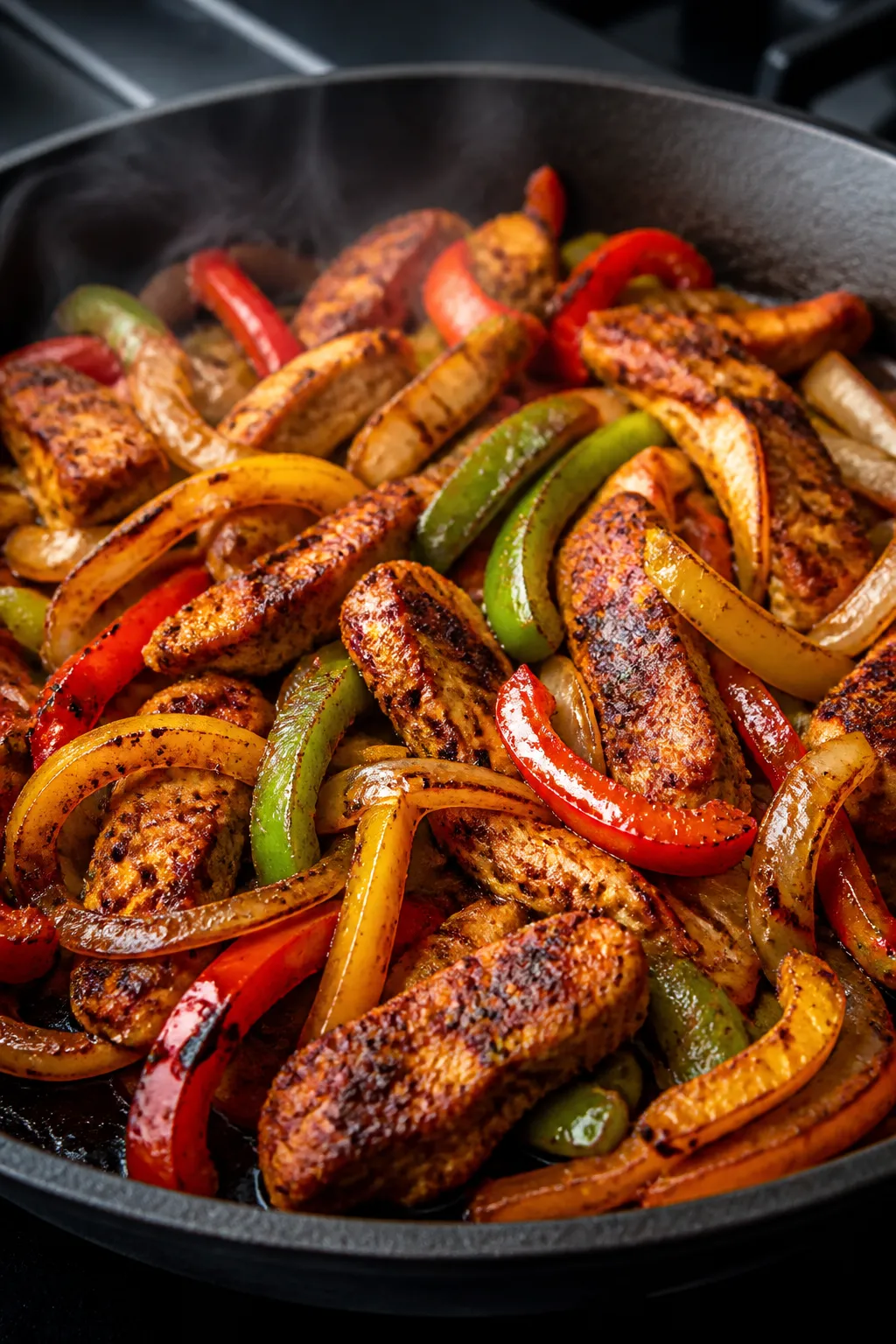 Cooking process, sizzling fajita moment: Close-up of marinated chicken strips searing in a hot cast-