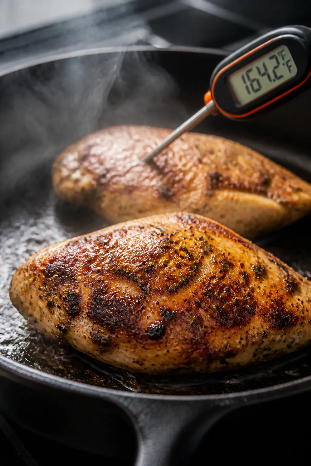 Cooking process, sizzling sear: Close-up of seasoned chicken breasts in a hot skillet mid-cook, gold