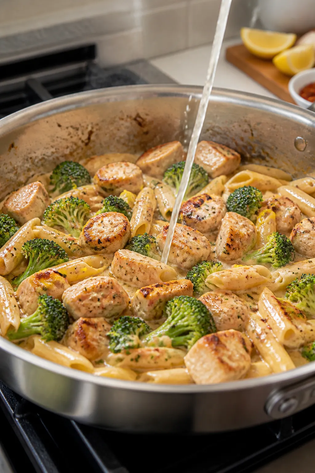 Cooking process, skillet action: Bite-size seared chicken breast pieces and crisp-tender broccoli to