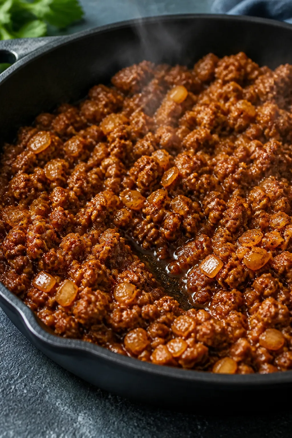 Cooking process, skillet sizzle: Lean ground beef browned and crumbled in a large black skillet, glo
