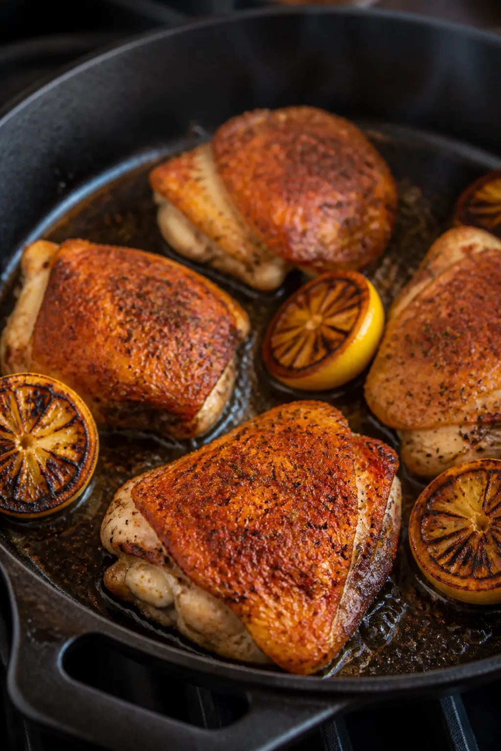 Cooking process: Skillet-to-oven method in action—chicken thighs searing skin side down in a prehe
