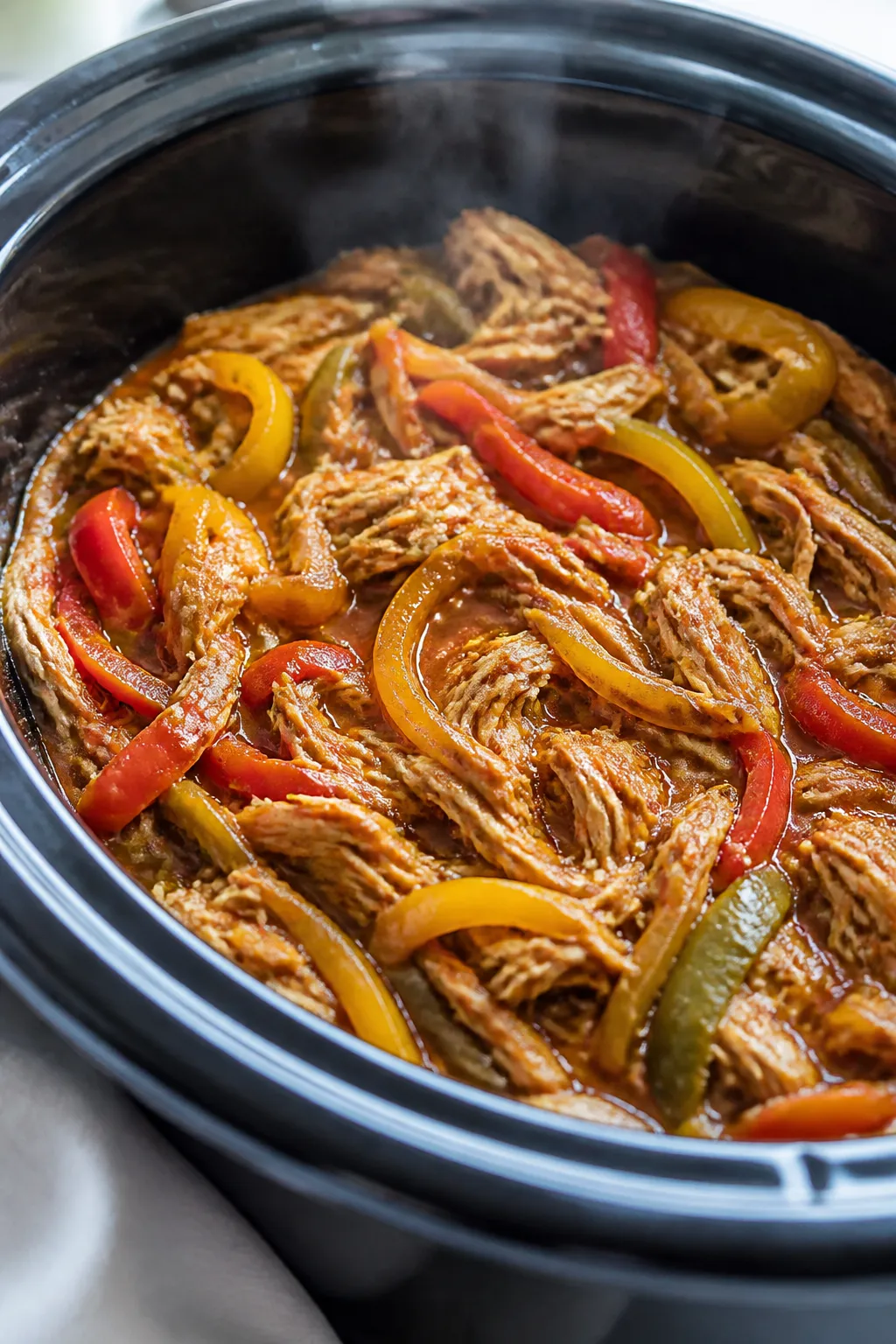 Cooking process: Slow cooker chicken fajitas just after shredding—juicy pulled chicken tossed back