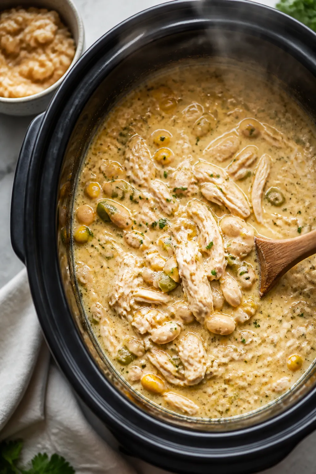 Cooking process — Slow cooker reveal: Overhead shot of steaming white chicken chili mid-cook in a