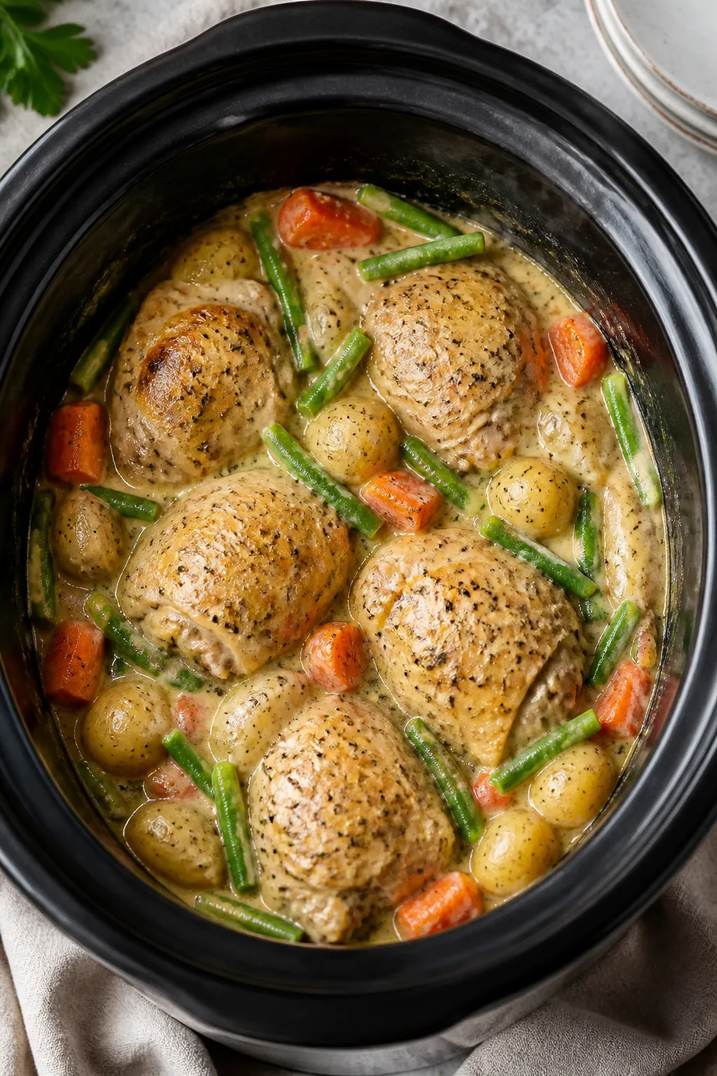 Cooking process, slow cooker scene: Overhead shot of a slow cooker just after the last 30 minutes ma