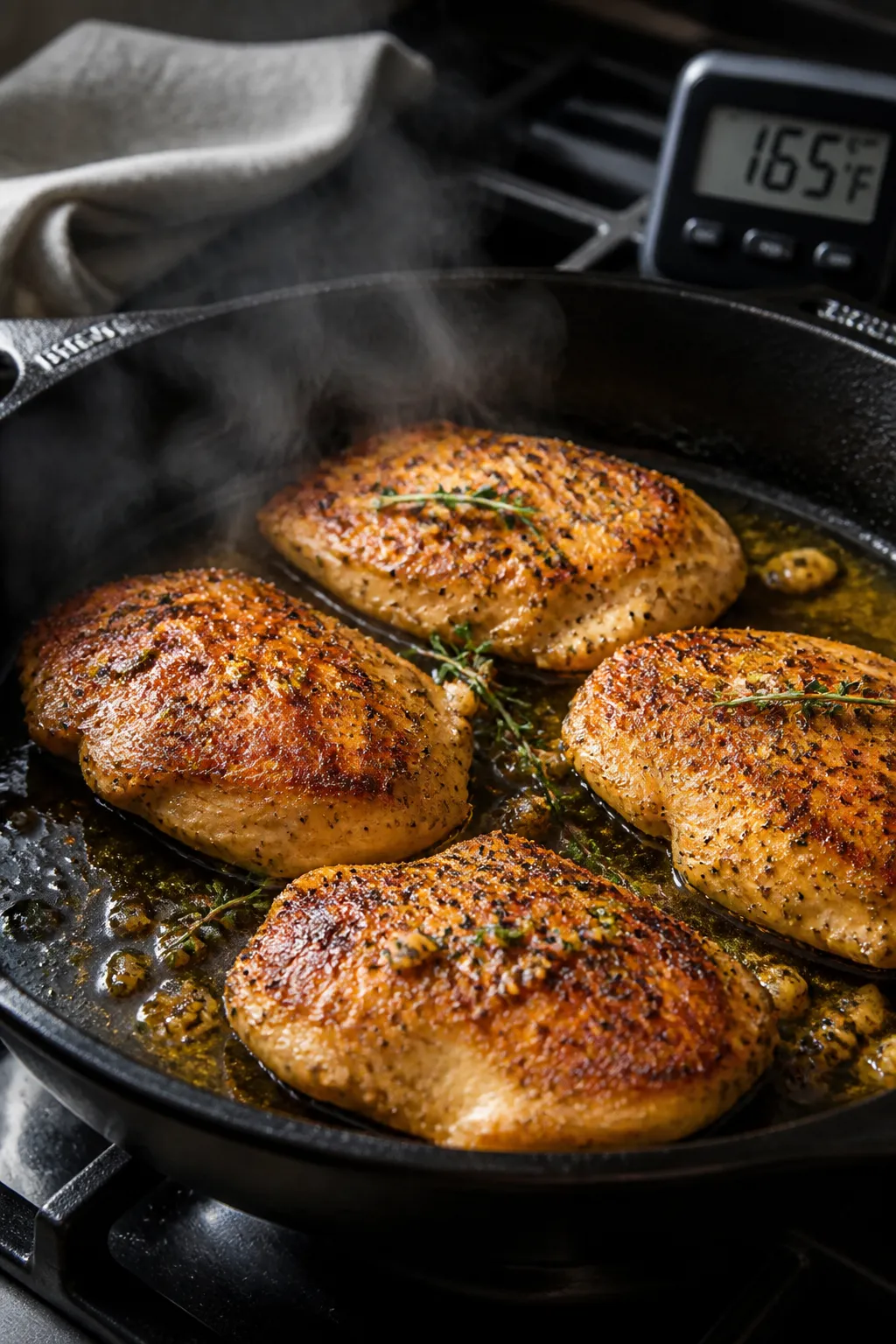 Cooking process: Stovetop action shot of evenly pounded chicken cutlets sizzling in a heavy cast-iro