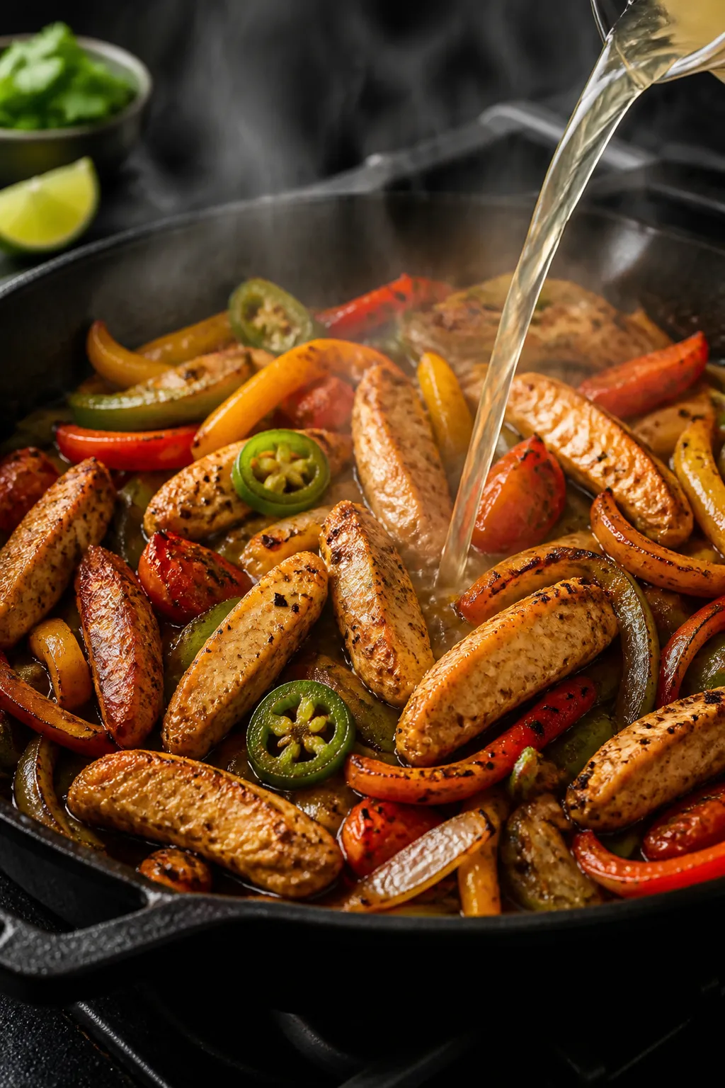 Cooking process, stovetop action: Sizzling chicken fajita strips and charred tri-color bell peppers