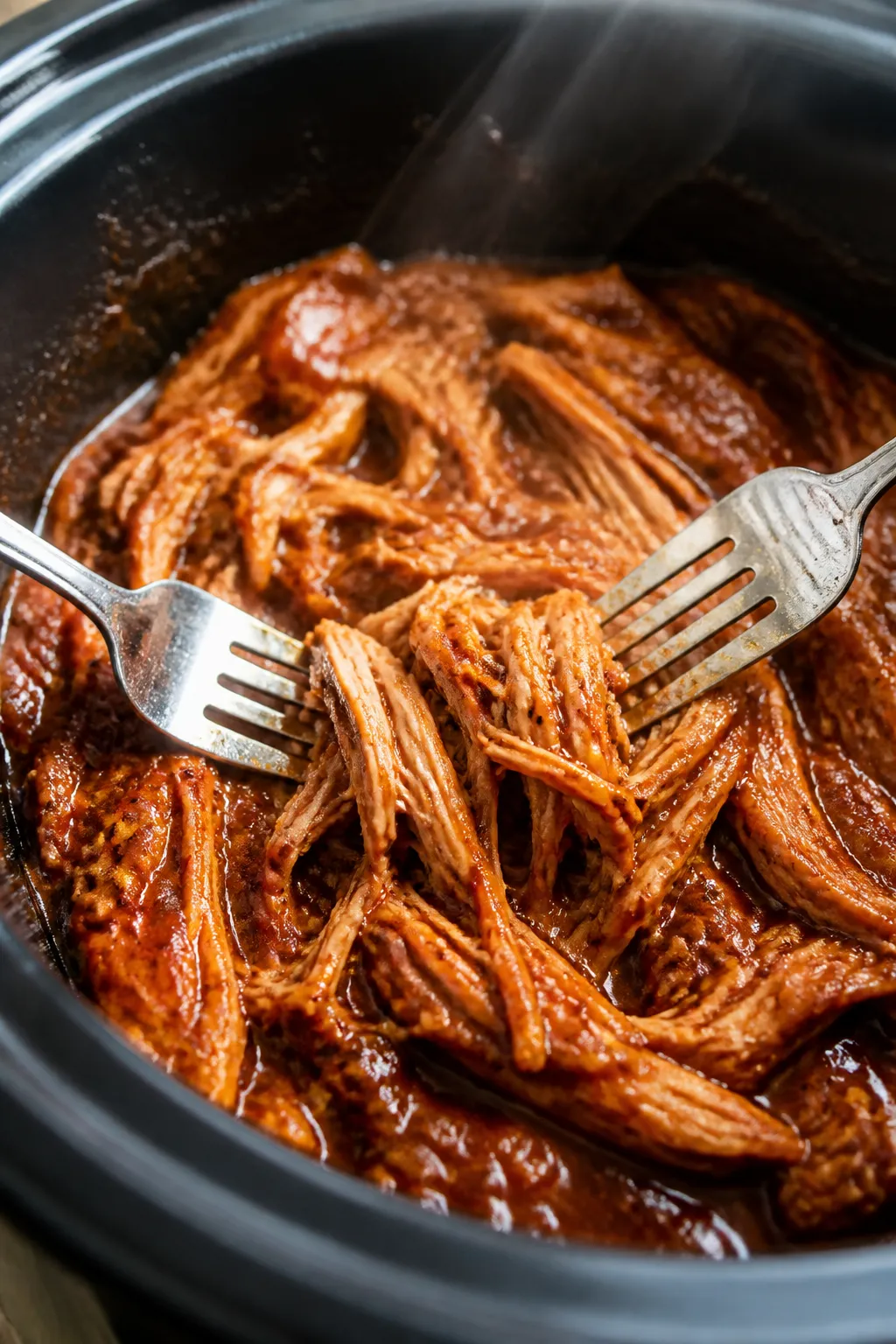 Cooking process: Tender shredded BBQ chicken in a slow cooker, glistening in a smoky-sweet sauce wit
