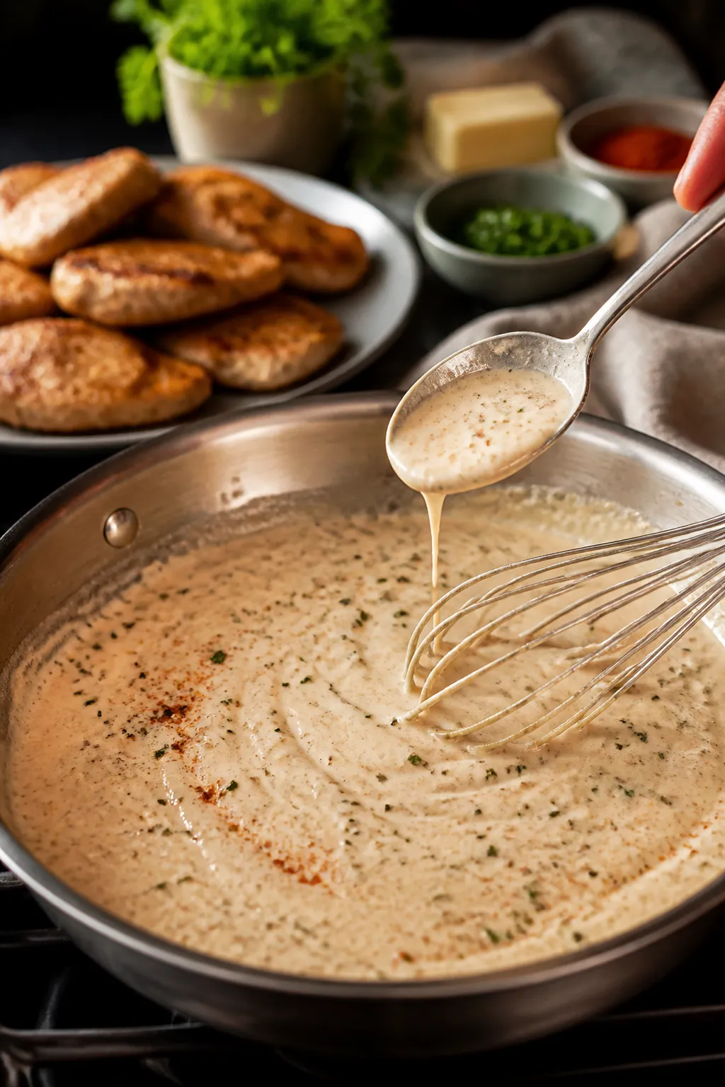 Cooking process: The creamy ranch sauce being finished in the skillet—whisk mid-motion smoothing i