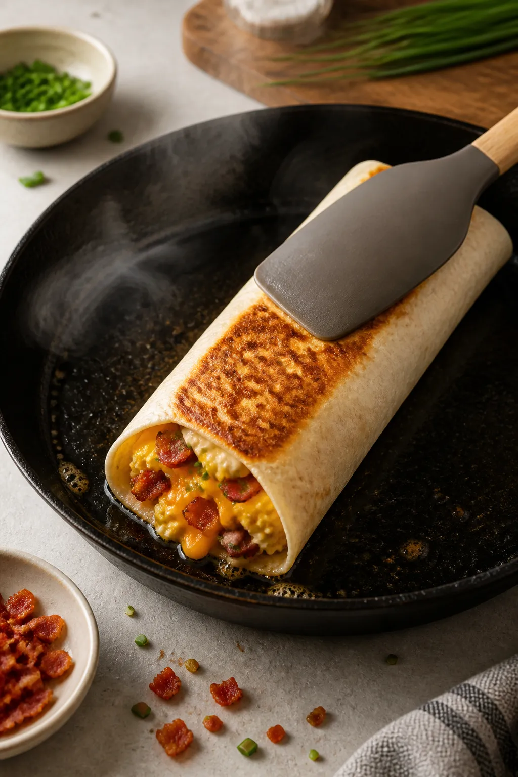 Cooking process: Warm, toasty finish in action—assembled wrap seam-side down in a cast-iron skille