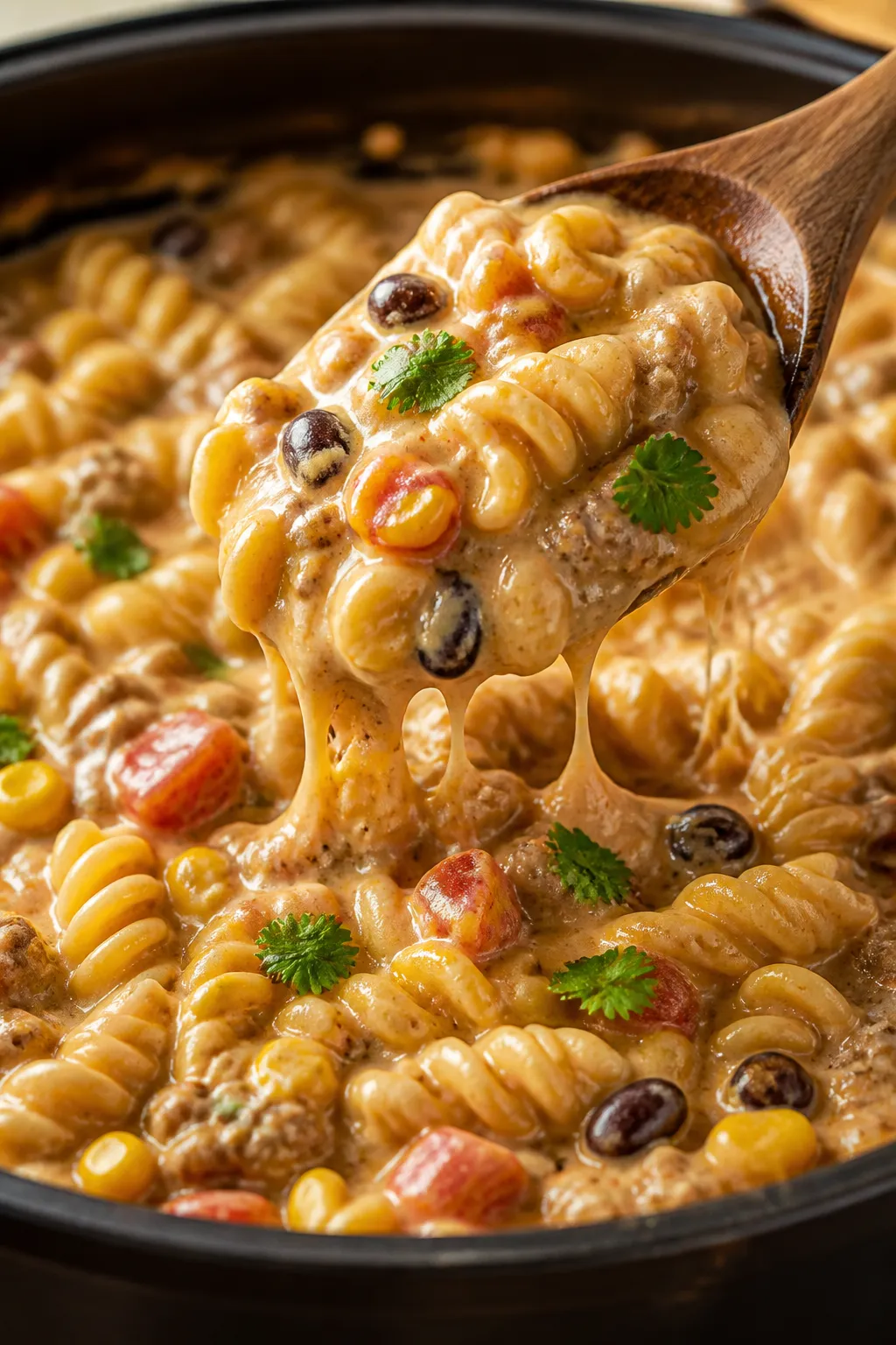 Creamy, cheesy finish detail: Ultra-close shot of the One Pot Taco Pasta after stirring in cream che