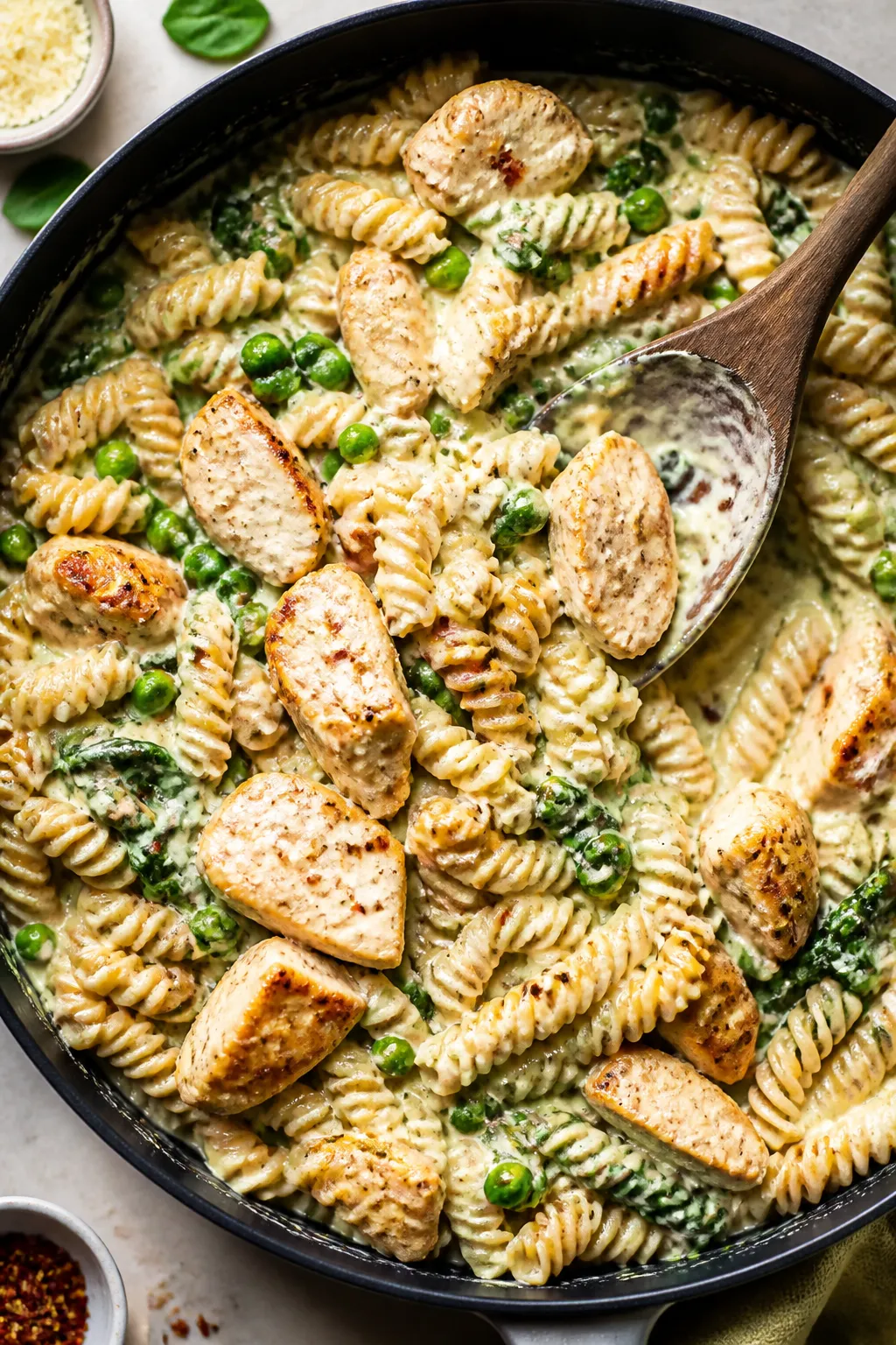 Creamy toss — Sauce clinging to pasta: Overhead shot of rotini in a large skillet being gently fol