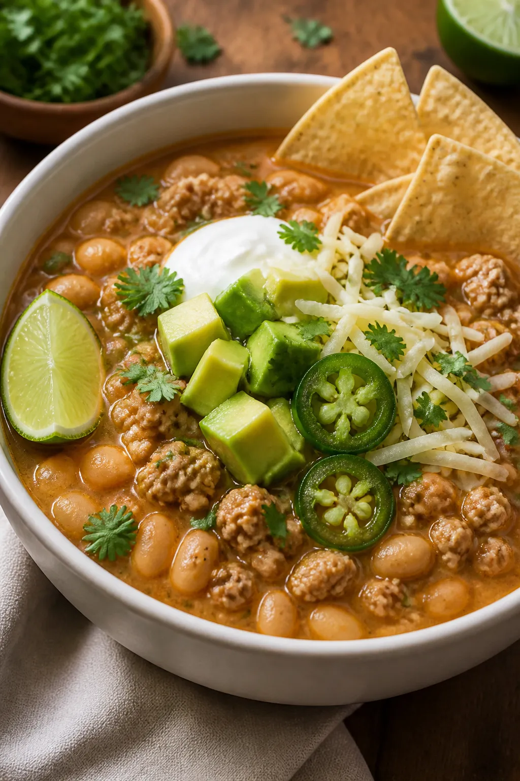 Final bowl, restaurant-quality presentation: Cozy white bean turkey chili ladled into a wide matte-w