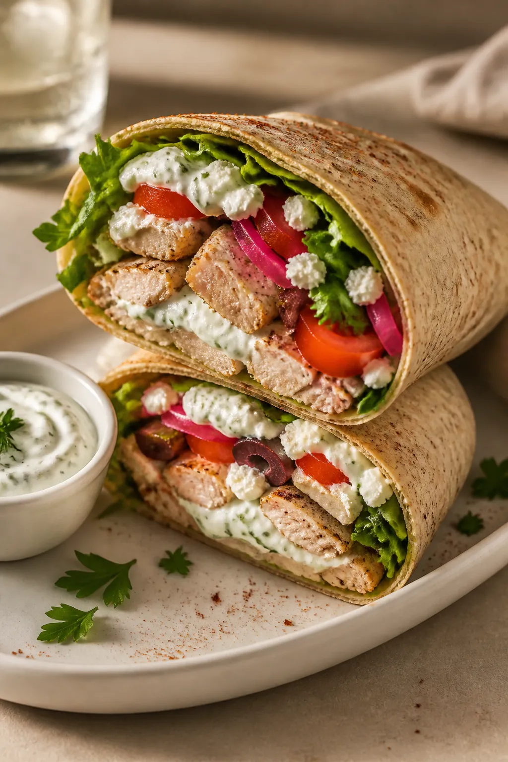 Final dish beauty plate: High Protein Greek Chicken Wrap sliced in half and stacked, showing layers 