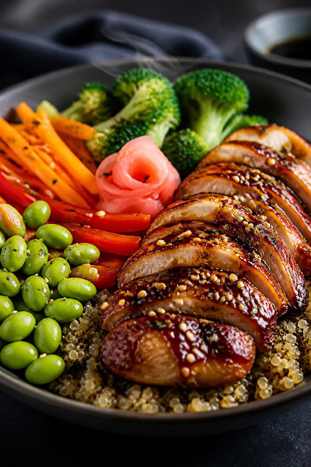 Final dish beauty: Restaurant-quality plated teriyaki chicken bowl on quinoa, artfully fanned vegeta