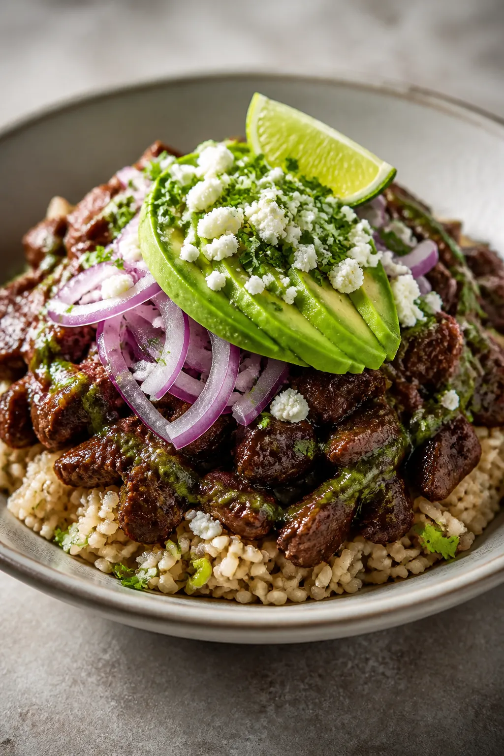 Final dish beauty shot: Single hero taco bowl on a matte ceramic plate, three-quarter angle for dept