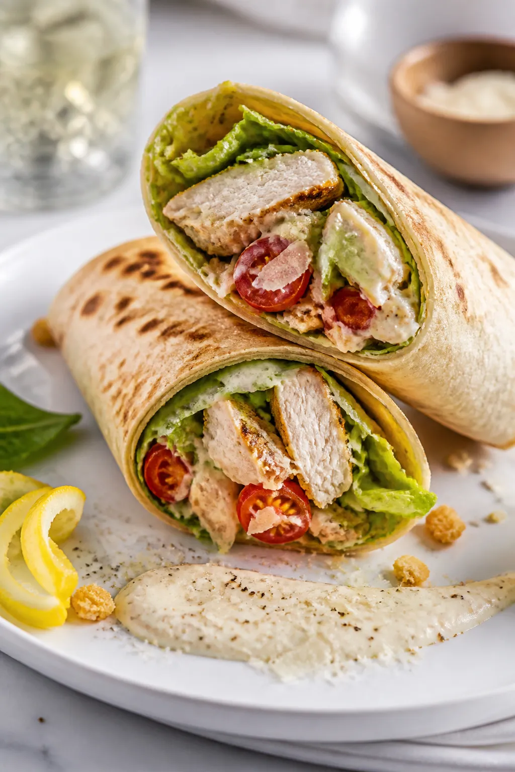 Final dish, hero close-up: Café-style Chicken Caesar wrap sliced on the bias and stacked, showing t