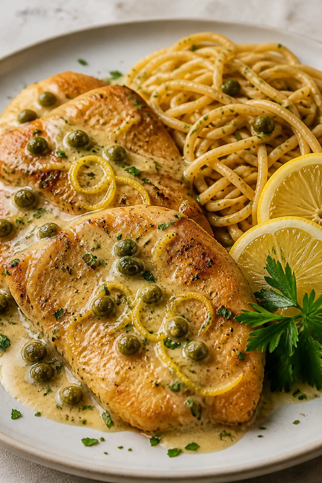 Final dish hero: Restaurant-quality presentation of Chicken Piccata with a creamy, protein-boosted f
