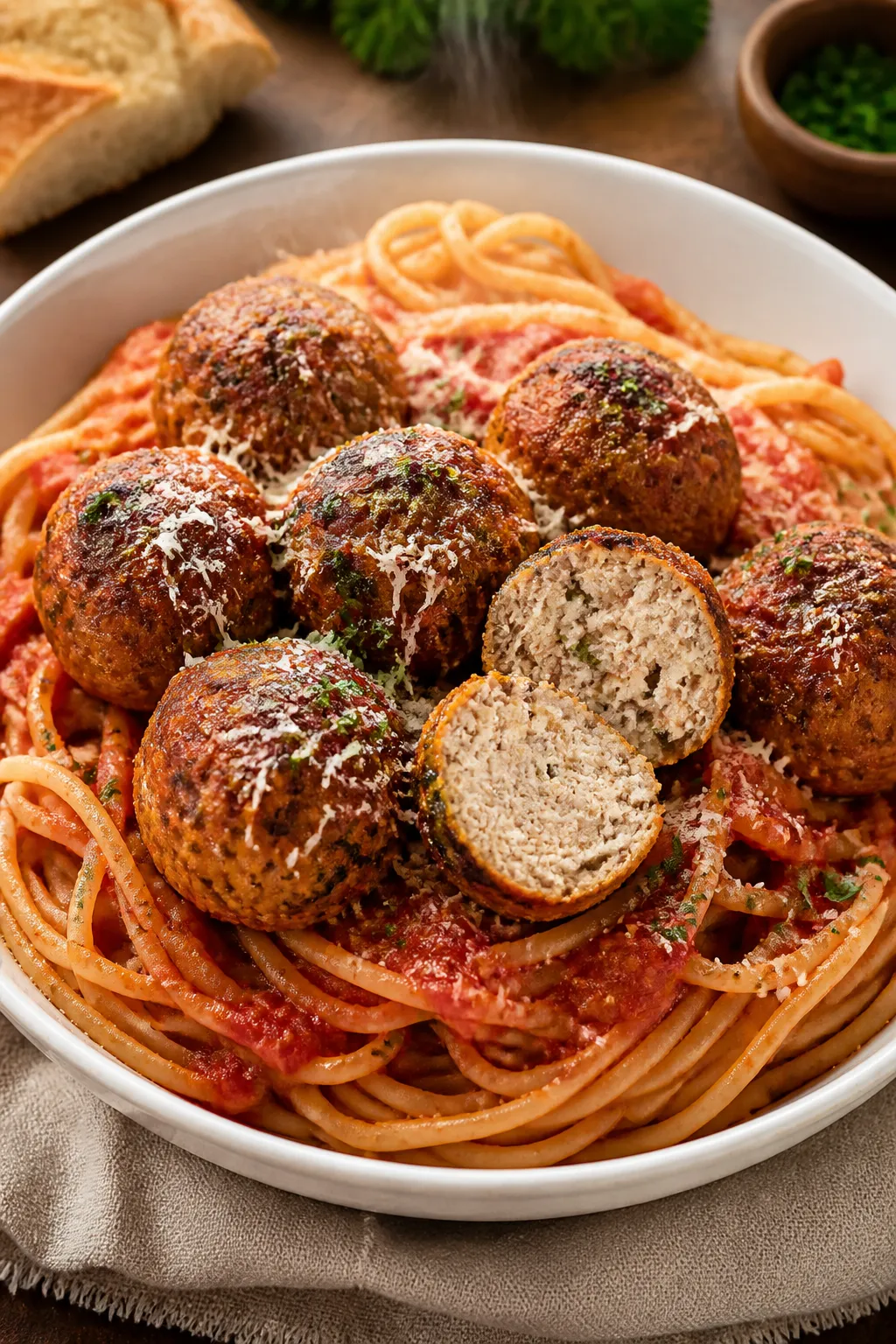 Final dish, Italian-style serving: Beautifully plated air fryer chicken meatballs nestled on swirls