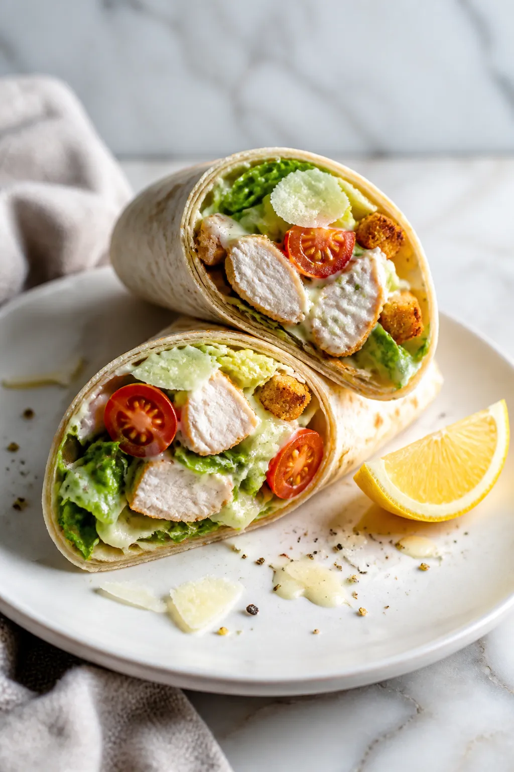 Final dish, plated and sliced: Beautifully presented Chicken Caesar Wrap sliced on the diagonal to r